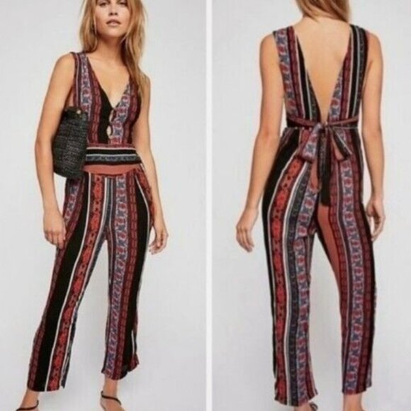 NWOT Free People Sz 10 All Shook Up Sleeveless Printed Tie Back Jumpsuit - Picture 3 of 13